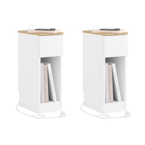 SoBuy Set de 2 Mesita de noche delgada con estación de carga, mesa auxiliar delgada con enchufe estándar, puerto USB y puerto tipo C para dormitorio y sala de estar, blanco, 20x33x60 cm, FBT111-E-WNx2