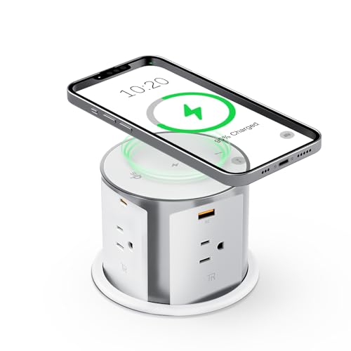ANNQUAN 4 inch Pop Up Outlet for Countertop with Qi2 Wireless Charger 4 Outlets 20W USB Ports Pop Up Electrical Outlet with 15A Overload Protection White