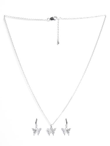 Image of Clara 925 Sterling Silver Fia Butterfly Pendant Earrings Chain Bracelet Anklet Ring Jewellery Set for Women & Girls| Platinum Plated | Gift for her