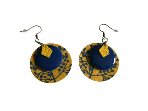 Boucles d'Oreilles Originales Bleu Electrique Marine Roi Royal Jaune Moutarde Curry Bronze Cuir/Papier/Email Dormeuse clip possible pas cher