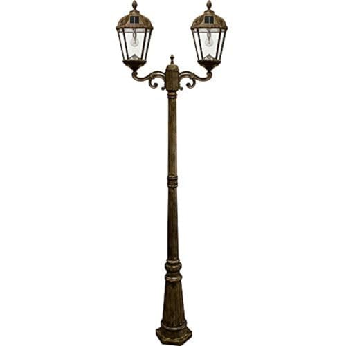 Gama Sonic Outdoor Solar Lamp Post Light Kit, Royal Bulb 300 Lumens, Double Head Weathered Bronze Cast Aluminum Post Lamp and Light Pole, Warm White Light 2700K, 98B302 (Upgraded Battery and Panel)