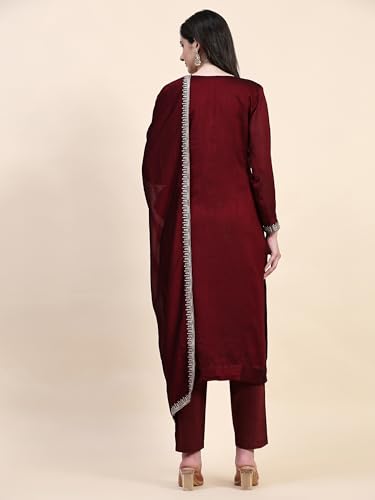 TRENDMALLS Women's Vichitra Silk Embroidery Salwar Suit Set Kurta Pant with Dupatta Maroon Kurta Set for Women