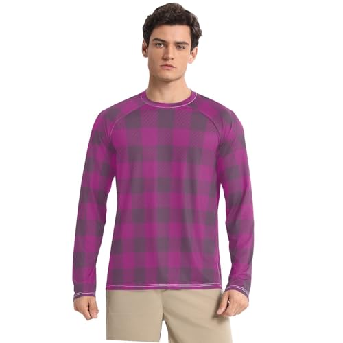 Violet Buffalo Plaid UPF 50+ Long Sleeve Sun Shirt Elastic Round Neck Mens Sun Shirts Protection Long Sleeve Summer