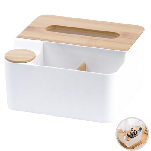 せんふう ティッシュケース 収納付き ティッシュボックス リモコンラック リモコン収納 小物入れ 卓上 木目 (ホワイト)
