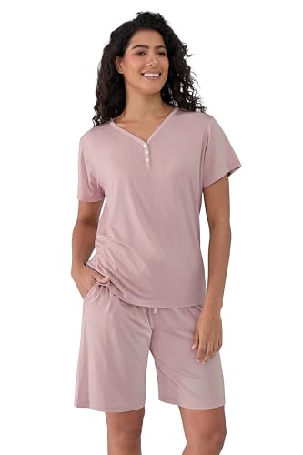 Image of Joyaria Cooling Pajamas Bamboo Viscose PJs Bermuda Shorts Set Women Henley Neck Summer Moisture Wicking Sleepwear