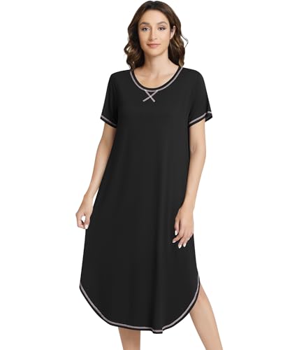 Image of NACHILA Women's Nightgowns-Viscose Made from Bamboo,Short Sleeve Sleepshirts Crew Neck Nightshirt Soft Sleep Dress