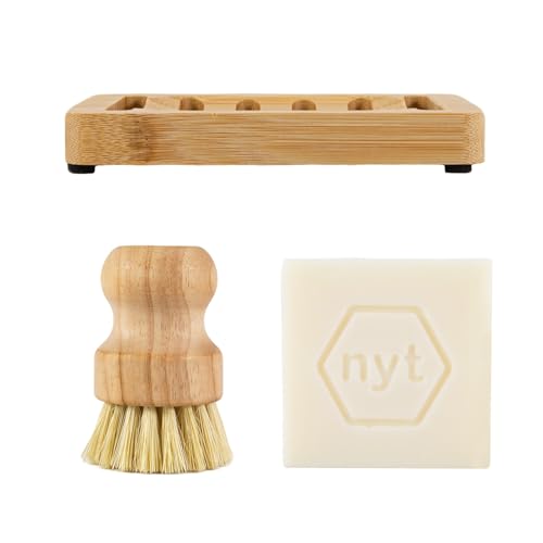 3 Pack Bamboo Dish Brush Set with Solid Bar Dish Soap and Bamboo Soap Dishes Natural Kitchen Cleaning Brush for Dishes Pans Sinks