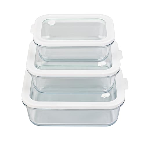 Sio Recipientes de almacenamiento de vidrio con tapas de cristal, sin plástico, juego de 3, herméticos, pequeños, medianos y grandes para preparación de comidas, recipiente de silicona para cuencos