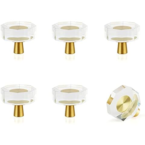 Lilithye 6PCS Glass Cabinet Knobs Brass Drawer Knobs Dresser Cabinets Clear Drawer Knobs Rustic Drawer Pulls Knobs for Kitchen Bathroom Cabinets and Drawers (Octagon) Cover