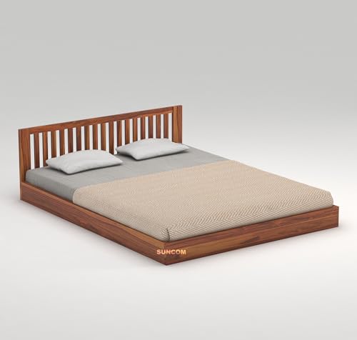 Image of SUNCOM Wooden Low Height King Size Bed Without Storage - Wooden Platform Double Bed - Space Saving Low Floor /Lying /Rise /Level /Profile Cot Bed for Bedroom - Basic Headboard (Honey Finish)