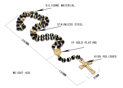 JAJAFOOK Mens Black Stainless Steel Black Gold Silicone Beads Rosary Necklace with Cross Pendant2