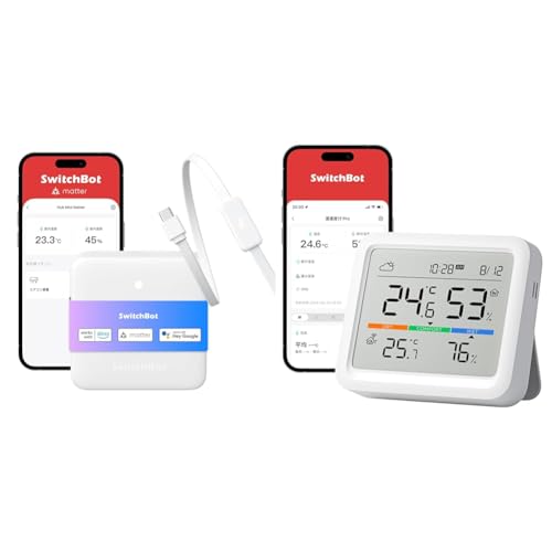 【セット買い】【Amazon.co.jp限定】 SwitchBot スイッチボット スマートリモコン ハブミニ(Matter対応) 温湿度センサー搭載 節電・省エネ Kataステッカー付き + 温湿度計 プロ 快適指数 大画面 デジタル 天気予報 時計 卓