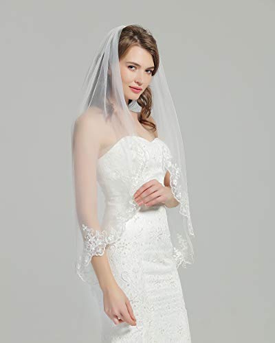 Wedding Bridal Veil With Comb 1 Tier Lace Applique Edge Fingertip Length 41" V85 Ivory #TOP3
