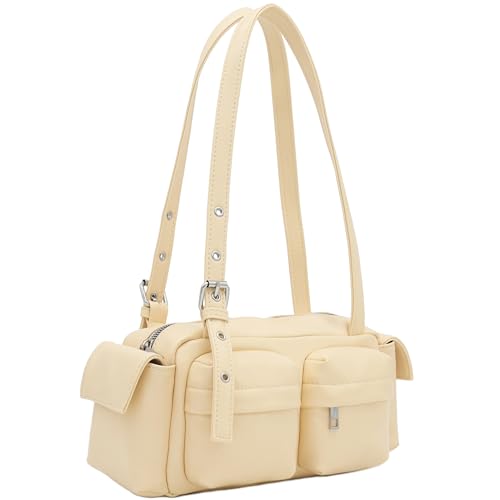 FashionPuzzle Glossy PU Leather Multi Pocket Shoulder Bag Satchel (Butter Yellow)