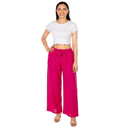 Image of Women's Rayon Palazzo Pants | Solid Color Wide Leg Trousers in 18 Shades | Elastic Waist Casual Bottoms XS-7XL | Comfortable