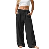 Womens Linen Trousers Summer Baggy Wide Leg Pants Ladies Elastic Waist Light Weight Trousers for Women with Pockets Loose Fit, Black 4XL