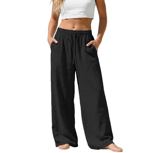 Wide Leg Cotton Linen Trousers for Women Loose Fit Elastic Waist Lightweight Lounge Pants Summer Beach Palazzo Pants with Pockets A-Black