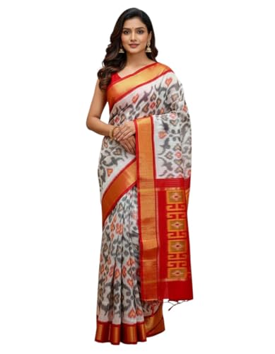 Image of AYYAPPASILK Women's Exclusive Ikkat Silk Saree for Designer Border with Contrast Blouse