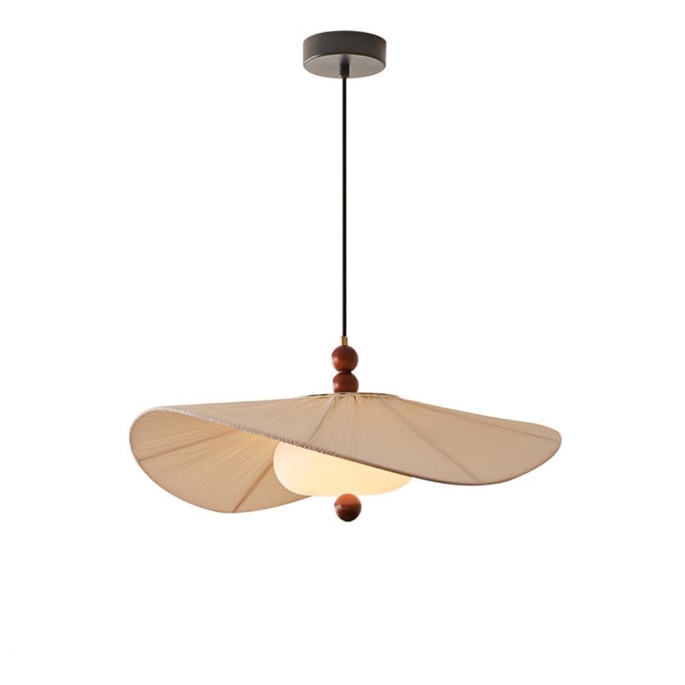 ITOSUI 23.6 in Retro Wavy Fabric Pendant Light, Off-White Walnut Hanging Lamp, Wood Decor Adjustable Height Chandelier, for Dining Room Bedroom Study Ceiling Light Fixture