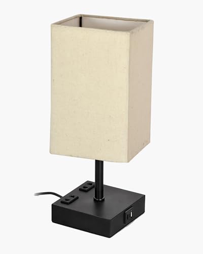 Image of Homesake Touch Table Lamp with USB A + Type C Charging Ports Dual AC Outlets, Touch Control, Medium Size, Bulb Included Night Stand, Bedside Desk Light Bedroom Living Room Office, (Khadi Rectangle)