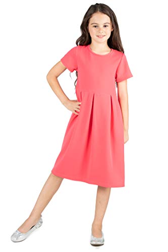 24seven Comfort Apparel Girls Short Sleeve Knee Length Puffy Pleated Party Dress - Crew Neck Pleated Skirt - Machine Washable