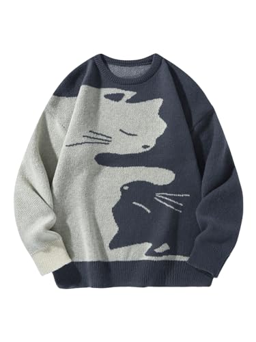 SHENHE Men's Graphic Cat Print Colorblock Crewneck Drop Shoulder Long Sleeve Pullover Sweater