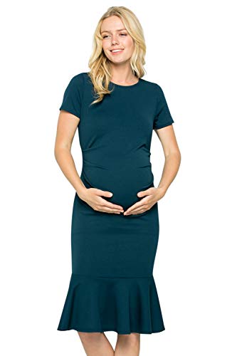 My Bump Maternity Midi Dress - Fitted Stretch Short Sleeves Mermaid Flare Ruffle(Teal NPAB, Medium)