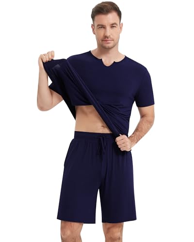 Image of NACHILA Men's Pajamas Set-Viscose Made from Bamboo,Short Sleeve Pjs Cool Loungewear with Shorts Soft Sleepwear Navy Blue L