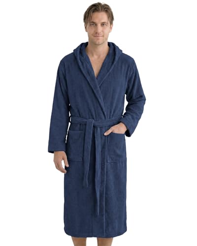 LAYNENBURG Bademantel Herren Frottee aus 100% Baumwolle - OEKO TEX Standard - weicher Morgenmantel waden-lang mit Kapuze Bindegürtel und aufgesetzten Taschen - für Sauna & Zuhause (M blau)