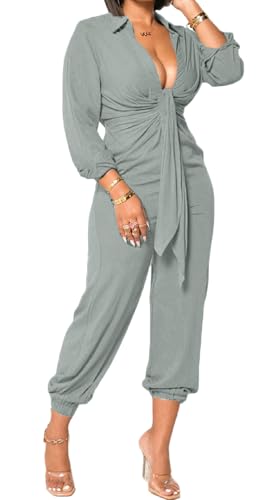 Xinlees Women's Grey Elegant Jumpsuits Casual Long Sleeve V Neck