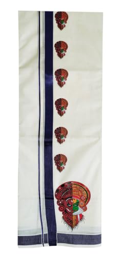 Image of Mens Print along with Border 100% Cotton Cream Dhoti 4.00 Meters Double Mundu /Vesti
