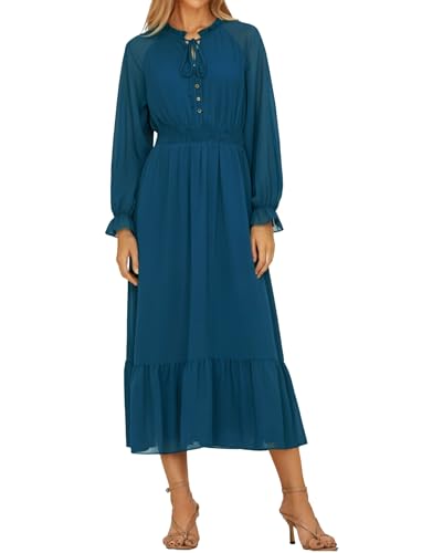 Sunny Spirit Women's Floral Boho Midi Dress 2025 Spring Fall Long Sleeve V Neck Chiffon A-Line Flowy Party Dresses