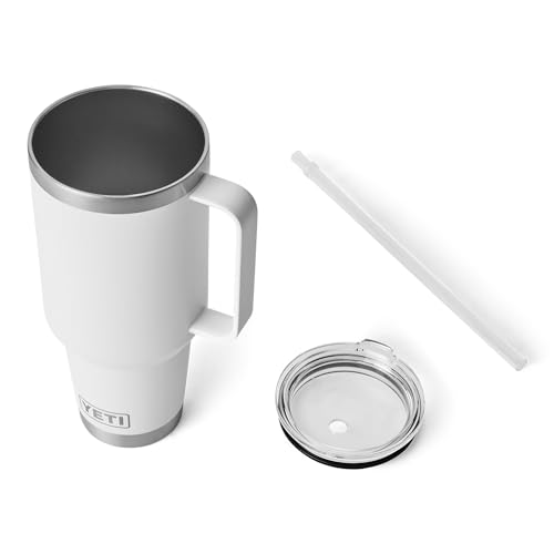 Image of YETI Rambler 42 oz Tumbler with Handle and Straw Lid, Travel Mug Water Tumbler, Vacuum Insulated Cup with Handle, Stainless Steel, White