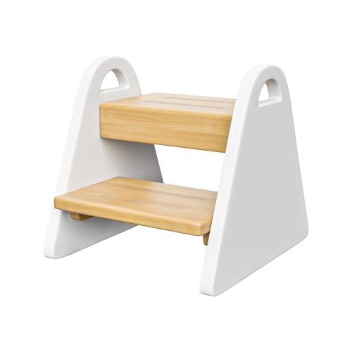 Toddler Step Stool, Wooden Step Stools for Kids, Kids Potty Training Stool with Handles, Rounded Corners Child Stepping Stool for Bathroom Sink, Kitchen, Bedroom (White)