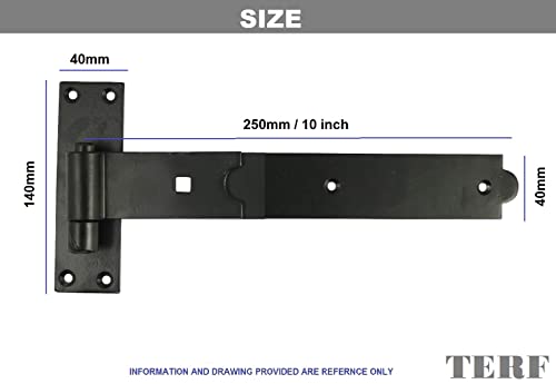 TERF® Gate Hinges Straight Flat Hook & Band Heavy Duty Black 250mm (10 inch) Including Fixing Screw for Use with Gate Shed Barns Garages Stables Commercial and Multi Purpose Use - Image 3
