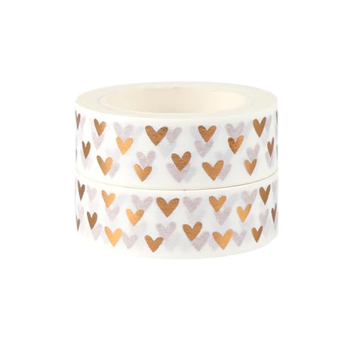 NatSumeBasics 2 Love Washi Tapes Hearts Scrapbook Tape Glitter Foil Masking Tapes for Decor Holiday Wedding (Bronze Hearts Tape)