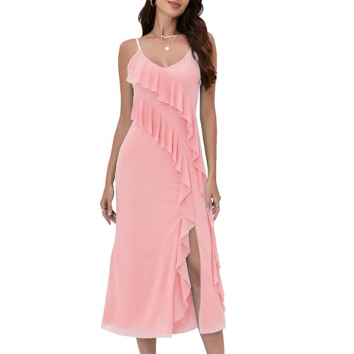 Image of Women's Spaghetti Strap Ruffle Side Split Long Dress Bodycon Beach Maxi Dresses
