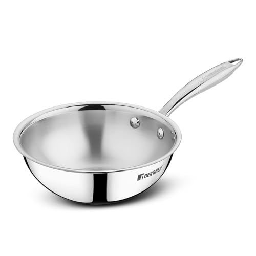 BERGNER Argent Junior Chef TriPly Stainless Steel 18cm (1.3 L) Wok, Mini Kadai, Mini Wok with Sturdy and Durable, Mirror Finish, Less Oil Use, Healthy, Non-Toxic - Induction and Gas Stove Ready