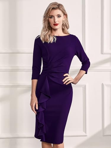Image of AISIZE Women's Retro 3 /4 Sleeve Ruched Elegant Business Pencil Sheath Dress