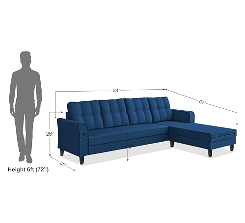 Image of Adorn India Maddox Tufted L Shape 5 Seater Sofa Chenille Sofa Set RHS (Blue) (3 Year Warranty)