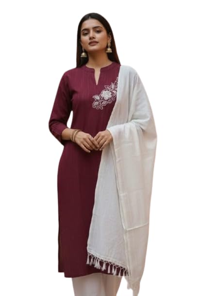 Image of Women Three Piece Kurta Set with Dupatta and Pant Modern Ethnic Design for Office and Traditional Occasions