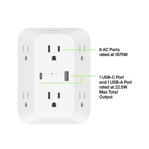 Image of Belkin 6-Outlet Surge Protector Power Strip,ETL-Listed,Wall-Mountable w / 6 AC Outlets,Overvoltage Protection,LED,USB-C & USB-A Ports w /USB-C PD Fast Charge-1,680 Joules of Protection,Pack of 10