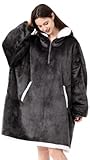 HBlife Oversized Wearable Blanket Hoodie for Adult, Thick Sherpa Sweatshirt with Elastic Sleeves and Giant Pockets Super Warm and Cozy Fuzzy Plush Fleece Blanket Jacket, Dark Grey