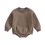 Baby Boy Girl Fleece Sweatshirt Romper Solid Color Long Sleeve Sweater Bubble Onesie Warm Fall Winter Clothes (Brown, 0-3 Months)