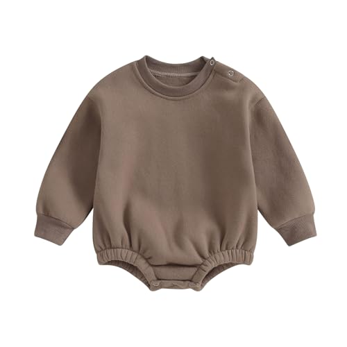 Image of Baby Boy Girl Fleece Sweatshirt Romper Solid Color Long Sleeve Sweater Bubble Onesie Warm Fall Winter Clothes
