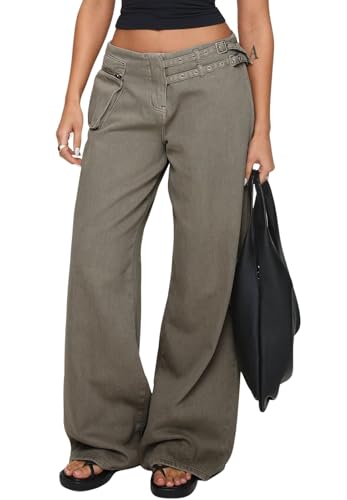 loveimgs Women Baggy Wide Leg Jeans Pull On Denim Palazzo Pants Flare Cargo Jeans Trouser Patchwork Boyfriend Belt