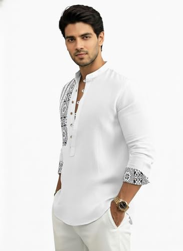 Image of Amazon Brand - INKAST Men's Cotton Blend Mandarin Collar Self One Design Full Sleeve Casual Short Kurta