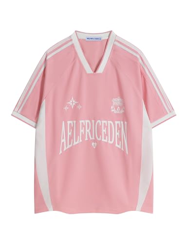 Aelfric Eden Jersey Shirts Women Oversized Mesh V Neck Graphic Tees Y2k Color Block Short Sleeve T Shirt Tops