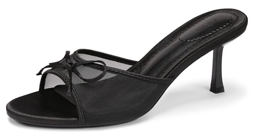 Womens Kitten Heels Bow Mesh Sandals Round Open Toe Slip On Low Slide Heeled Sandal Black