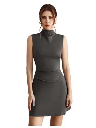 Women's Mock Neck Ruched Mini Dress Sleeveless Flared A Line Work Office Dresses - Main Image